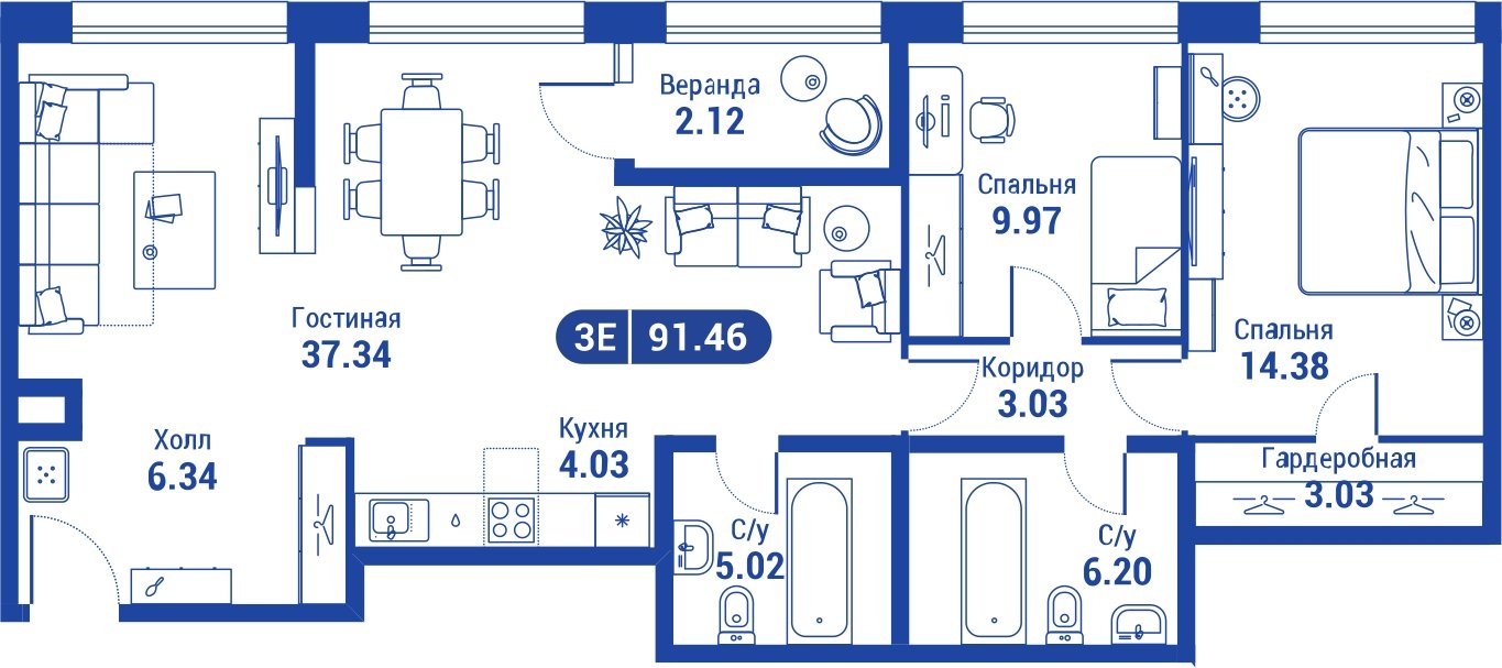 2-комнатная квартира без отделки, 87.9 м2, 32 этаж, сдача 4 квартал 2023 г., ЖК iLove, корпус 3 - объявление 2047370 - фото №1