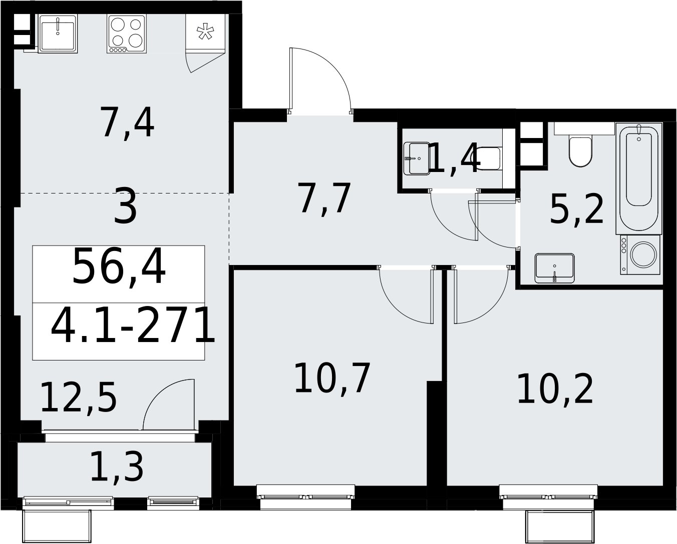3-комнатная квартира (евро) с полной отделкой, 56.4 м2, 2 этаж, сдача 2 квартал 2027 г., ЖК Южные сады, корпус 4.1.2 - объявление 2392783 - фото №1
