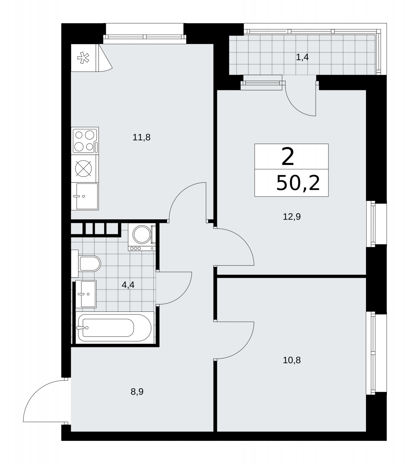 2-комнатная квартира без отделки, 50.2 м2, 4 этаж, сдача 2 квартал 2026 г., ЖК Скандинавия, корпус 25.5 - объявление 2283773 - фото №1