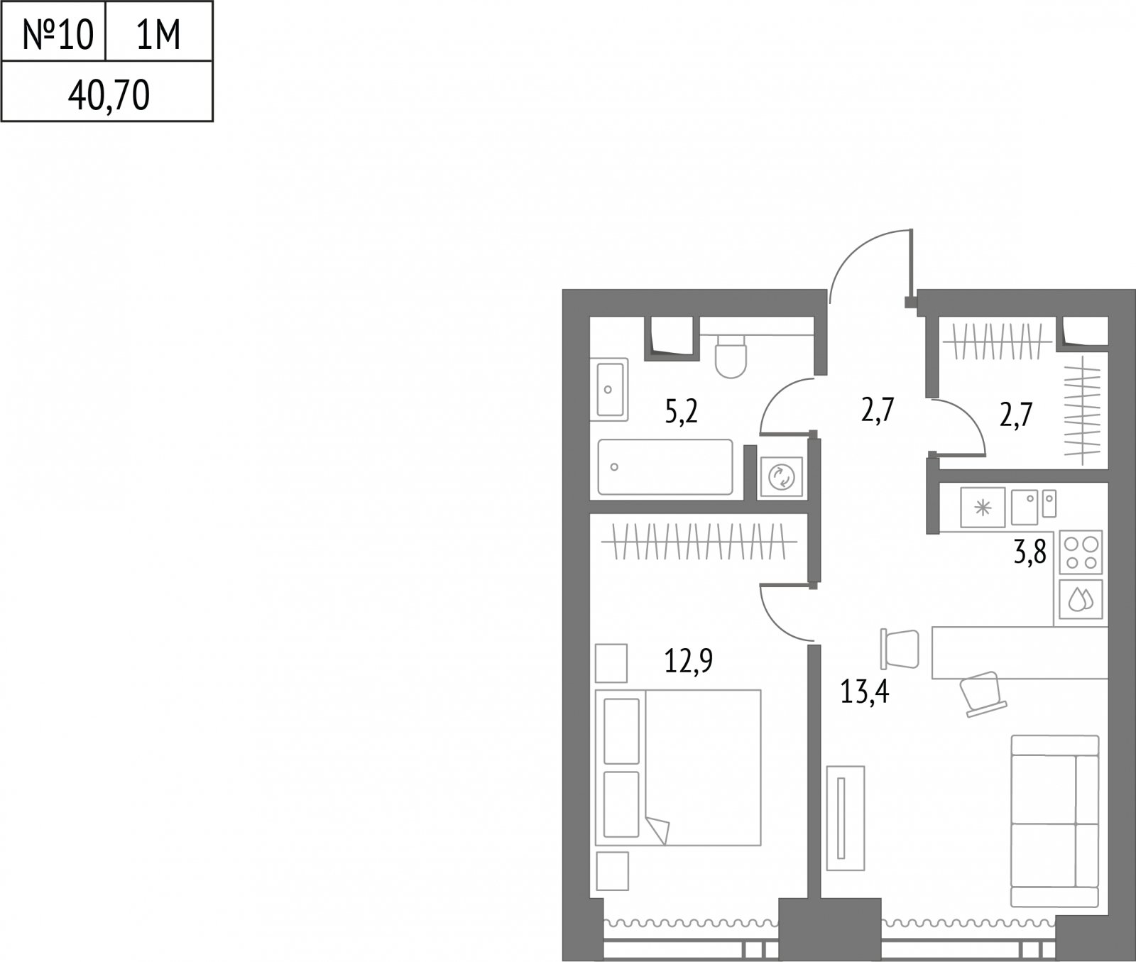 1-комнатная квартира без отделки, 40.5 м2, 9 этаж, сдача 2 квартал 2026 г., ЖК Upside Towers, корпус 1 - объявление 2057040 - фото №1