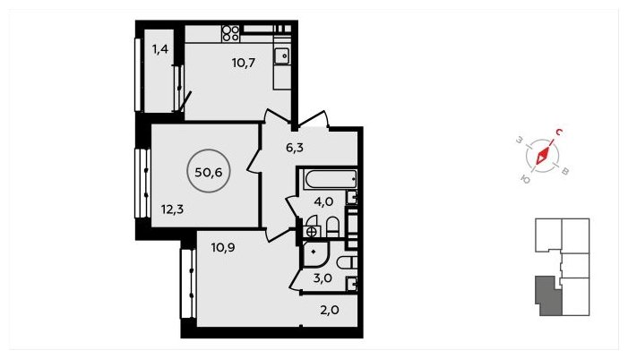 2-комнатная квартира без отделки, 50.6 м2, 14 этаж, сдача 3 квартал 2024 г., ЖК Скандинавия, корпус 2.22.2 - объявление 1625537 - фото №1