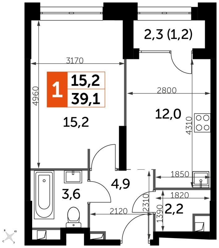 1-комнатная квартира с частичной отделкой, 39.1 м2, 22 этаж, сдача 1 квартал 2023 г., ЖК Sydney City, корпус 3 - объявление 1694270 - фото №1