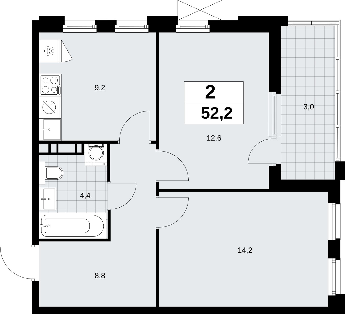 2-комнатная квартира без отделки, 52.2 м2, 11 этаж, сдача 4 квартал 2026 г., ЖК Скандинавия, корпус 2.18.1.3 - объявление 2350833 - фото №1