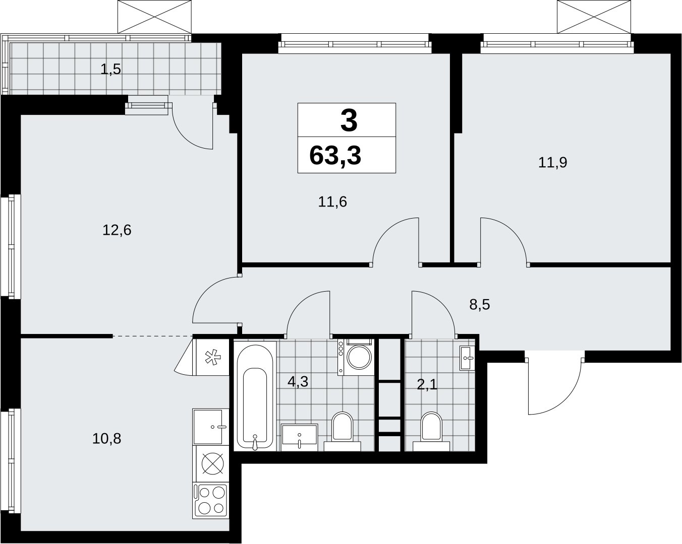 3-комнатная квартира без отделки, 63.3 м2, 7 этаж, сдача 4 квартал 2026 г., ЖК Скандинавия, корпус 2.18.2.4 - объявление 2351509 - фото №1