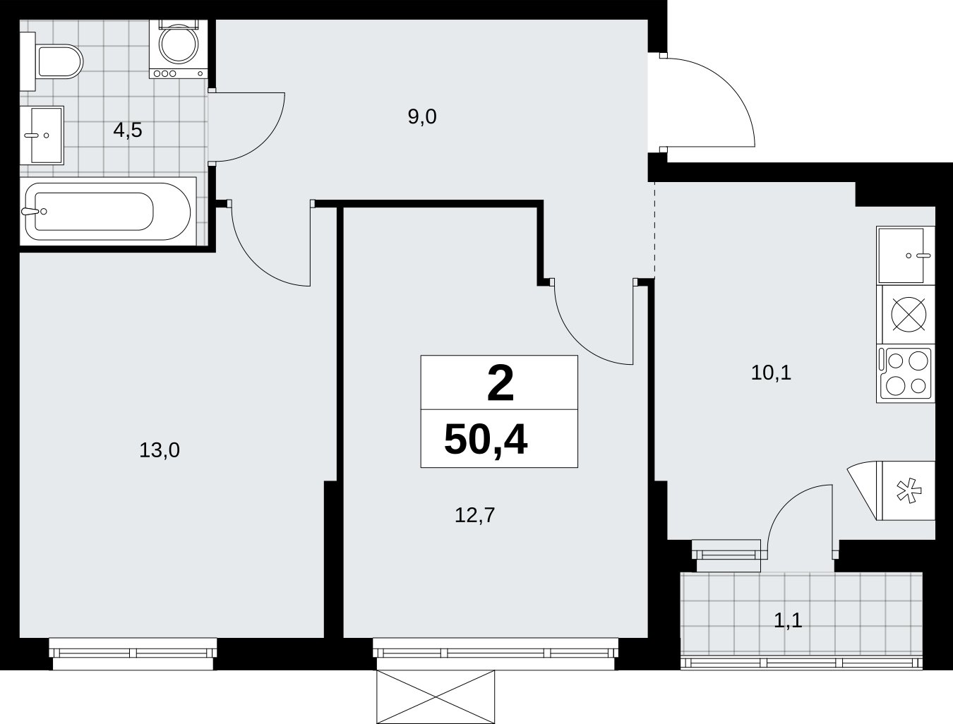 2-комнатная квартира без отделки, 50.4 м2, 5 этаж, сдача 2 квартал 2026 г., ЖК Дзен-кварталы, корпус 6.1.1 - объявление 2327147 - фото №1
