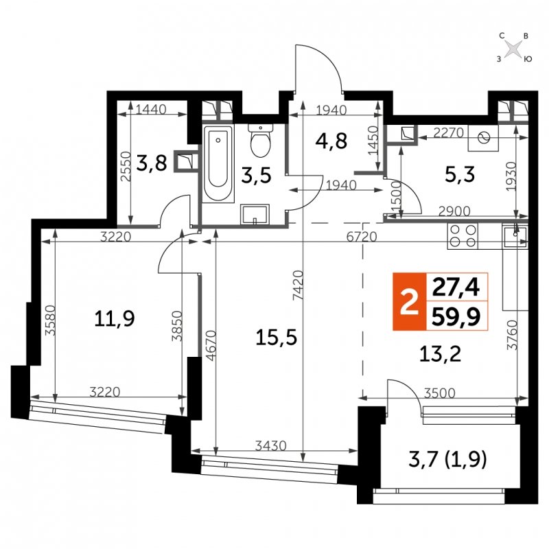 2-комнатная квартира с частичной отделкой, 59.9 м2, 3 этаж, сдача 4 квартал 2024 г., ЖК ROTTERDAM, корпус 2.3 - объявление 1710688 - фото №1
