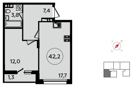 1-комнатная квартира без отделки, 42.2 м2, 9 этаж, сдача 1 квартал 2022 г., ЖК Скандинавия, корпус 13.1 - объявление 1412022 - фото №1