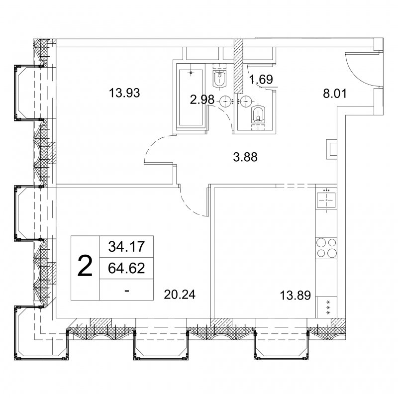 2-комнатная квартира без отделки, 64.4 м2, 6 этаж, дом сдан, ЖК ЗИЛАРТ, корпус 17 - объявление 2301199 - фото №1