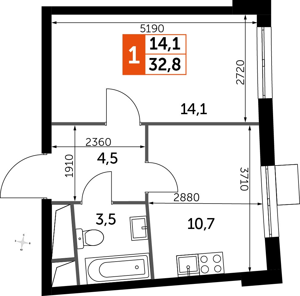1-комнатная квартира без отделки, 32.8 м2, 2 этаж, дом сдан, ЖК UP-квартал Римский, корпус 7 - объявление 2359866 - фото №1