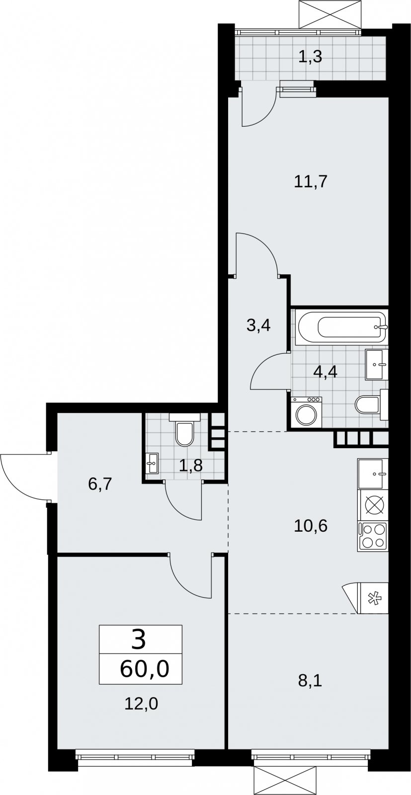 3-комнатная квартира (евро) с частичной отделкой, 60 м2, 6 этаж, сдача 2 квартал 2026 г., ЖК Бунинские кварталы, корпус 5.1 - объявление 2296847 - фото №1