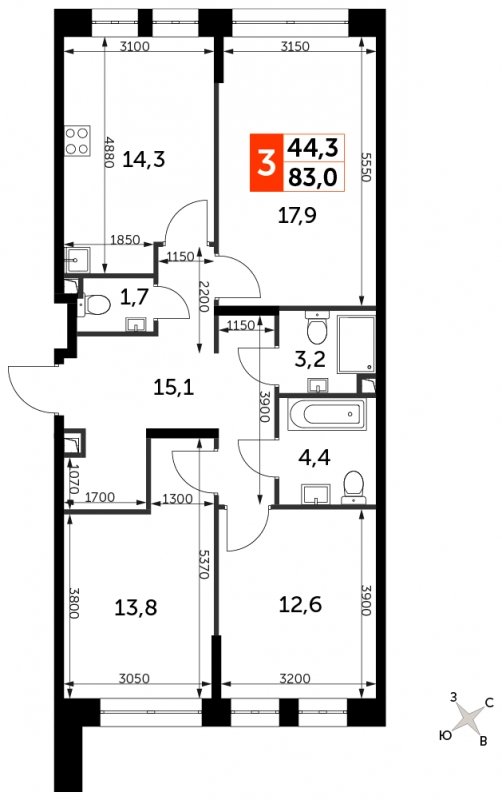 3-комнатная квартира с частичной отделкой, 83 м2, 14 этаж, сдача 3 квартал 2024 г., ЖК Sydney City, корпус 2.1 - объявление 1710100 - фото №1