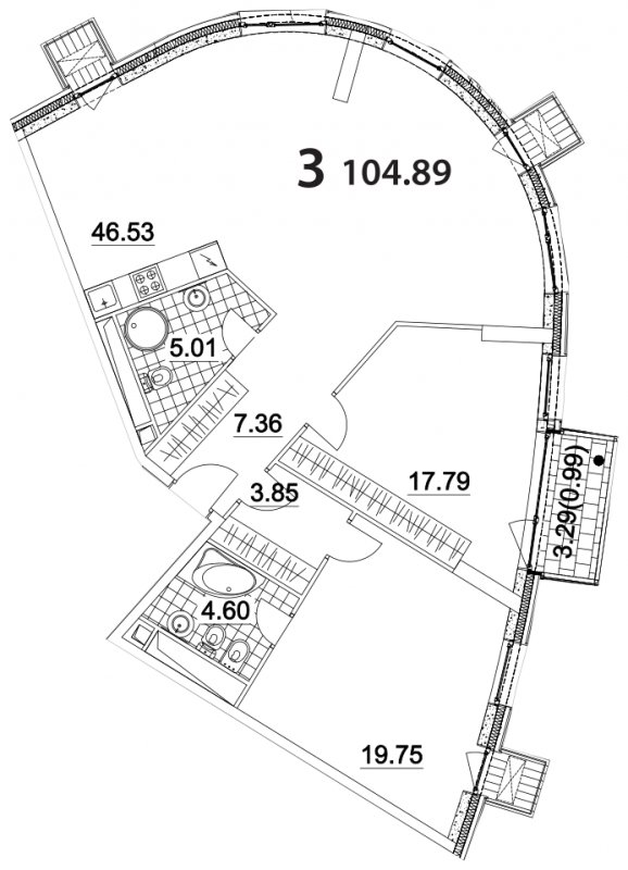 3-комнатная квартира без отделки, 104.89 м2, 15 этаж, дом сдан, ЖК Апарт-комплекс Nakhimov, корпус 3 - объявление 1330717 - фото №1