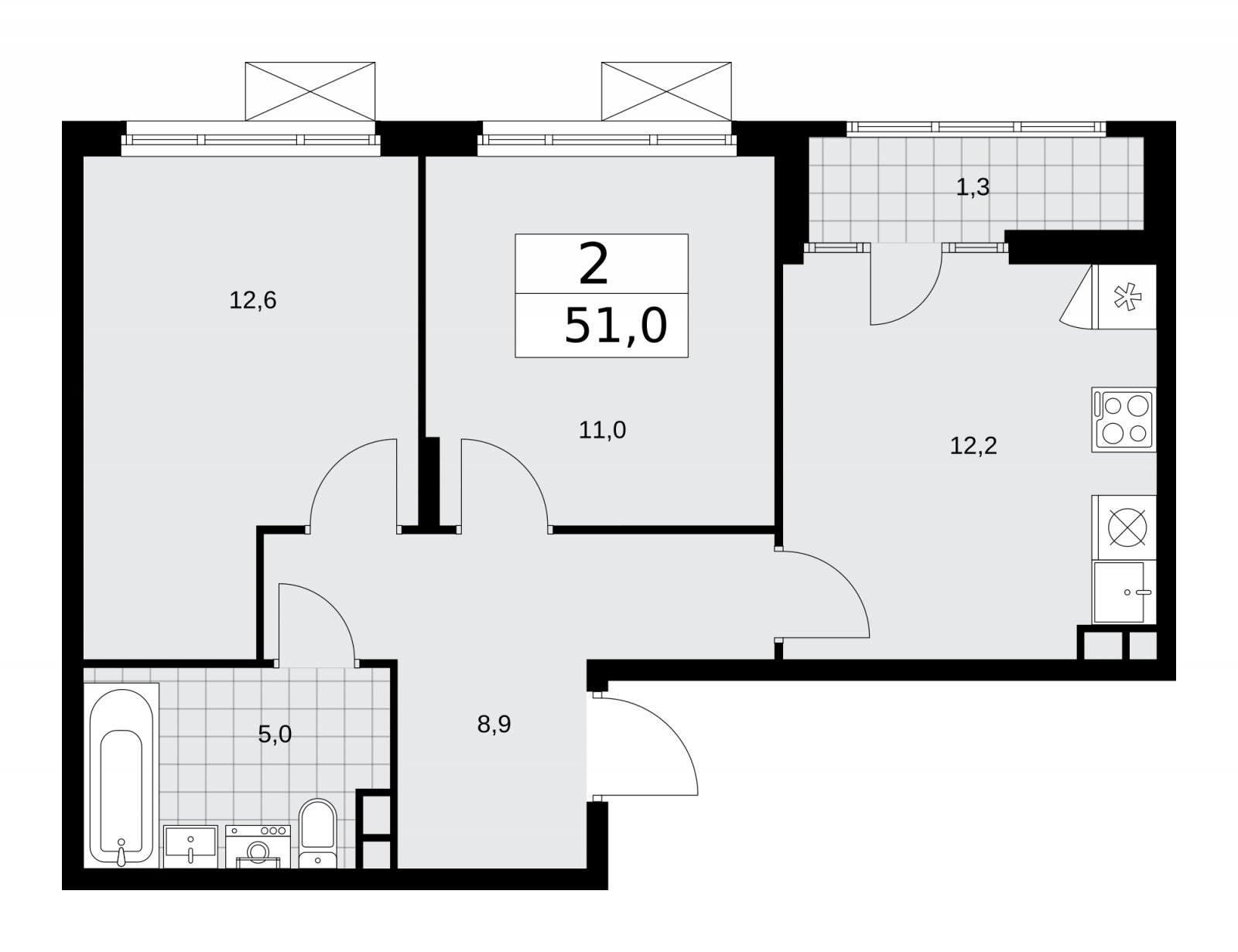 2-комнатная квартира без отделки, 51 м2, 12 этаж, сдача 1 квартал 2026 г., ЖК Деснаречье, корпус 4.1 - объявление 2263499 - фото №1