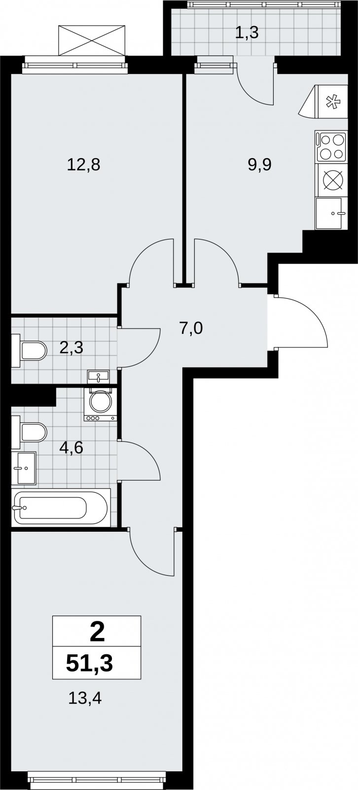 2-комнатная квартира без отделки, 51.3 м2, 5 этаж, сдача 1 квартал 2026 г., ЖК Дзен-кварталы, корпус 6.2.1 - объявление 2328415 - фото №1