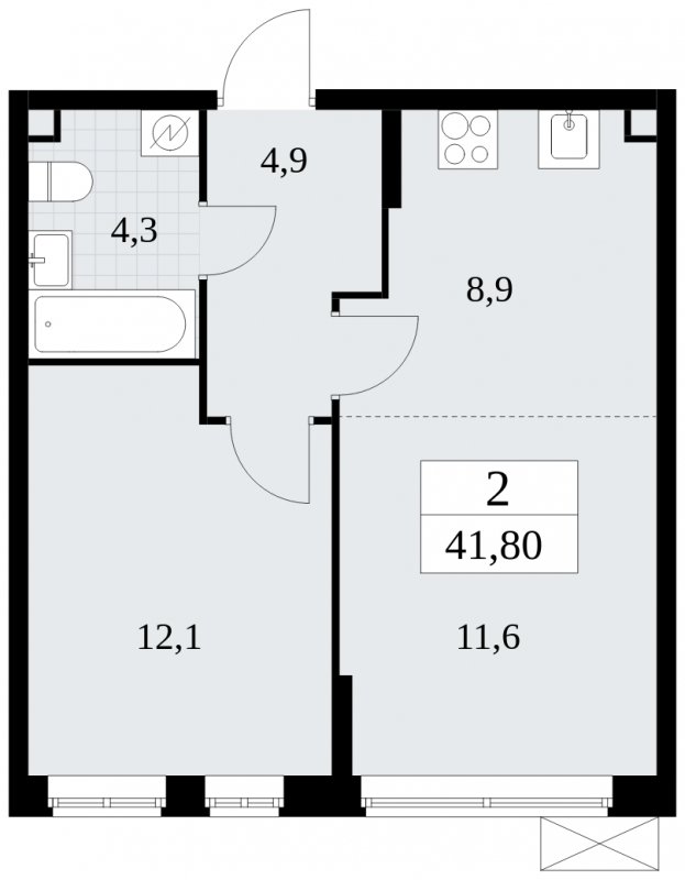 2-комнатная квартира (евро) без отделки, 41.8 м2, 2 этаж, сдача 1 квартал 2025 г., ЖК Прокшино, корпус 5.2.4 - объявление 1900615 - фото №1