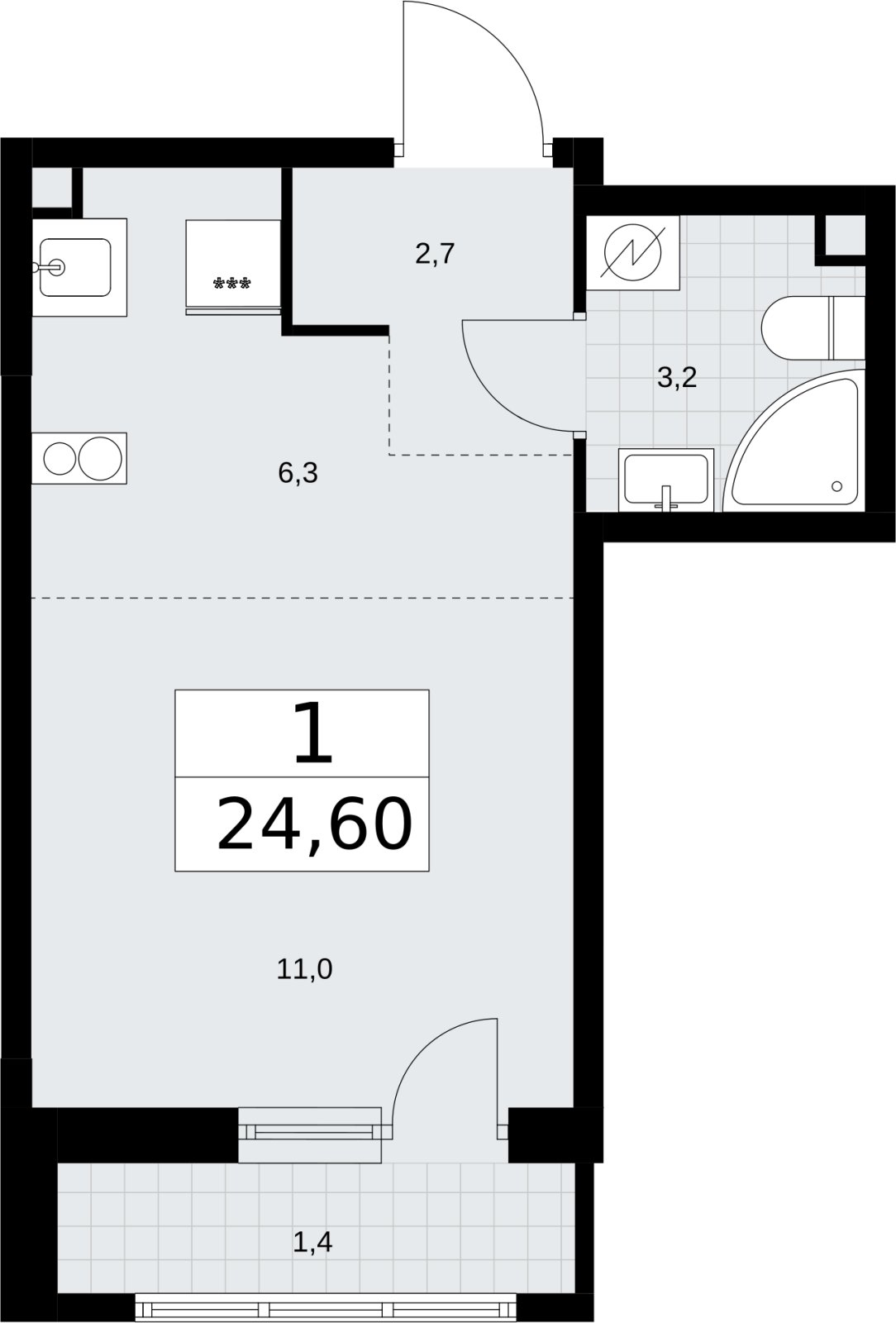 Студия с полной отделкой, 24.6 м2, 2 этаж, сдача 4 квартал 2026 г., ЖК Родные кварталы, корпус 3.3 - объявление 2378497 - фото №1