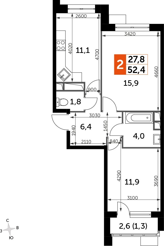 2-комнатная квартира без отделки, 52.4 м2, 13 этаж, дом сдан, ЖК Датский квартал, корпус 2 - объявление 2333510 - фото №1