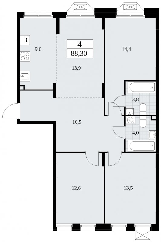 4-комнатная квартира (евро) без отделки, 88.3 м2, 2 этаж, сдача 1 квартал 2025 г., ЖК Бунинские кварталы, корпус 1.3 - объявление 1834667 - фото №1
