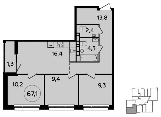 3-комнатная квартира без отделки, 67.1 м2, 13 этаж, сдача 1 квартал 2024 г., ЖК Южные сады, корпус 1.4 - объявление 1870505 - фото №1