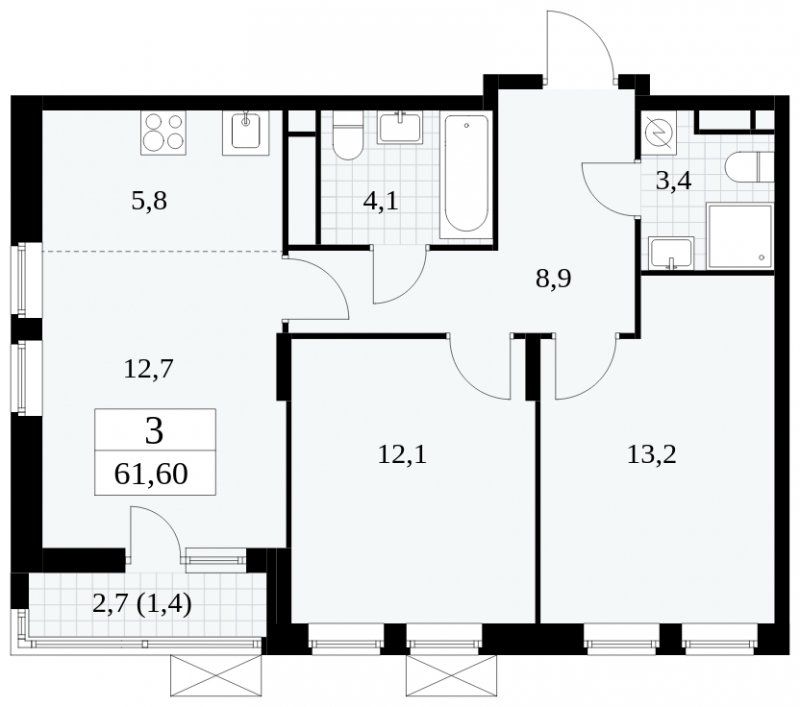 3-комнатная квартира (евро) без отделки, 61.6 м2, 12 этаж, сдача 1 квартал 2025 г., ЖК Прокшино, корпус 5.1.3 - объявление 1810557 - фото №1