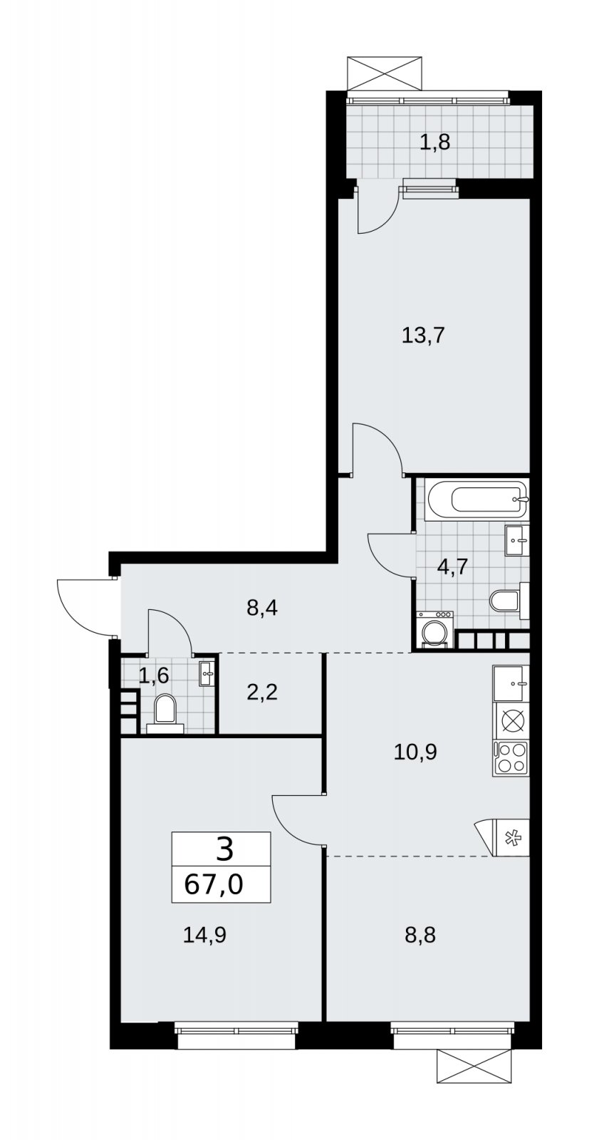 3-комнатная квартира (евро) без отделки, 67 м2, 6 этаж, сдача 1 квартал 2026 г., ЖК Дзен-кварталы, корпус 4.3 - объявление 2251716 - фото №1