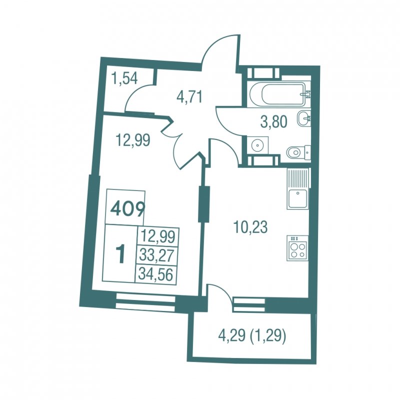 1-комнатная квартира с частичной отделкой, 34.56 м2, 23 этаж, дом сдан, ЖК Жилой микрорайон Одинбург, корпус 32 - объявление 1202559 - фото №1