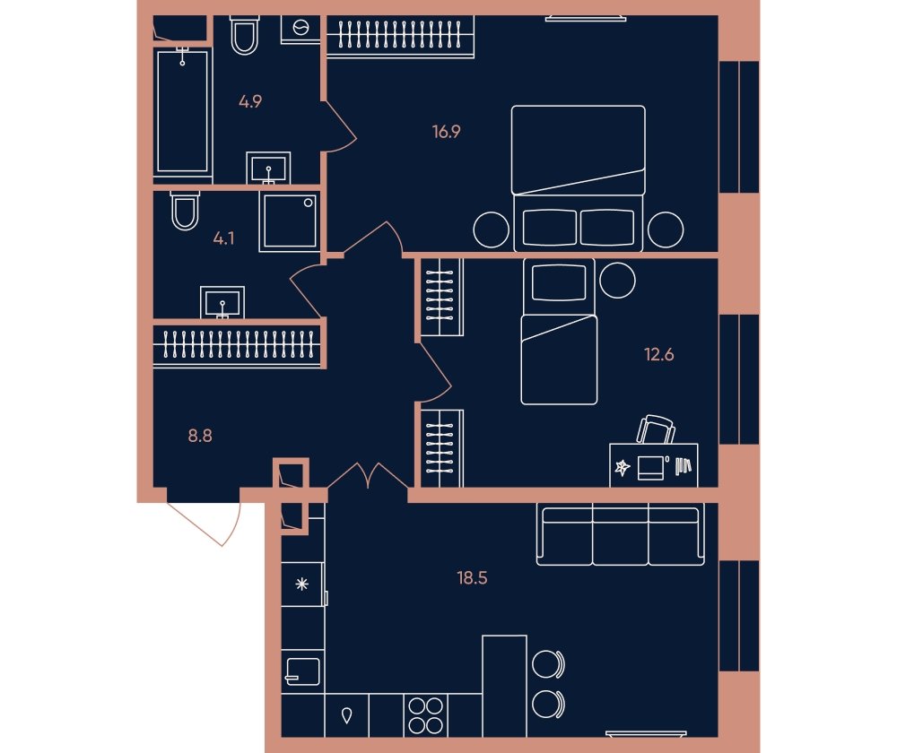3-комнатная квартира без отделки, 65.8 м2, 30 этаж, сдача 3 квартал 2026 г., ЖК ERA, корпус 3 - объявление 2332451 - фото №1