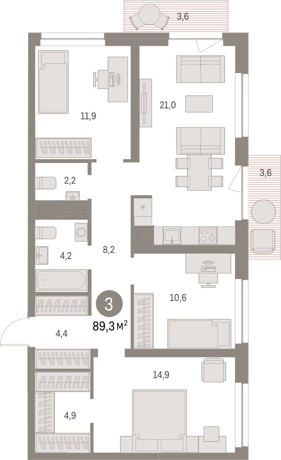 3-комнатная квартира с частичной отделкой, 89.31 м2, 5 этаж, сдача 1 квартал 2025 г., ЖК Первый квартал, корпус Дом 5 - объявление 2281424 - фото №1