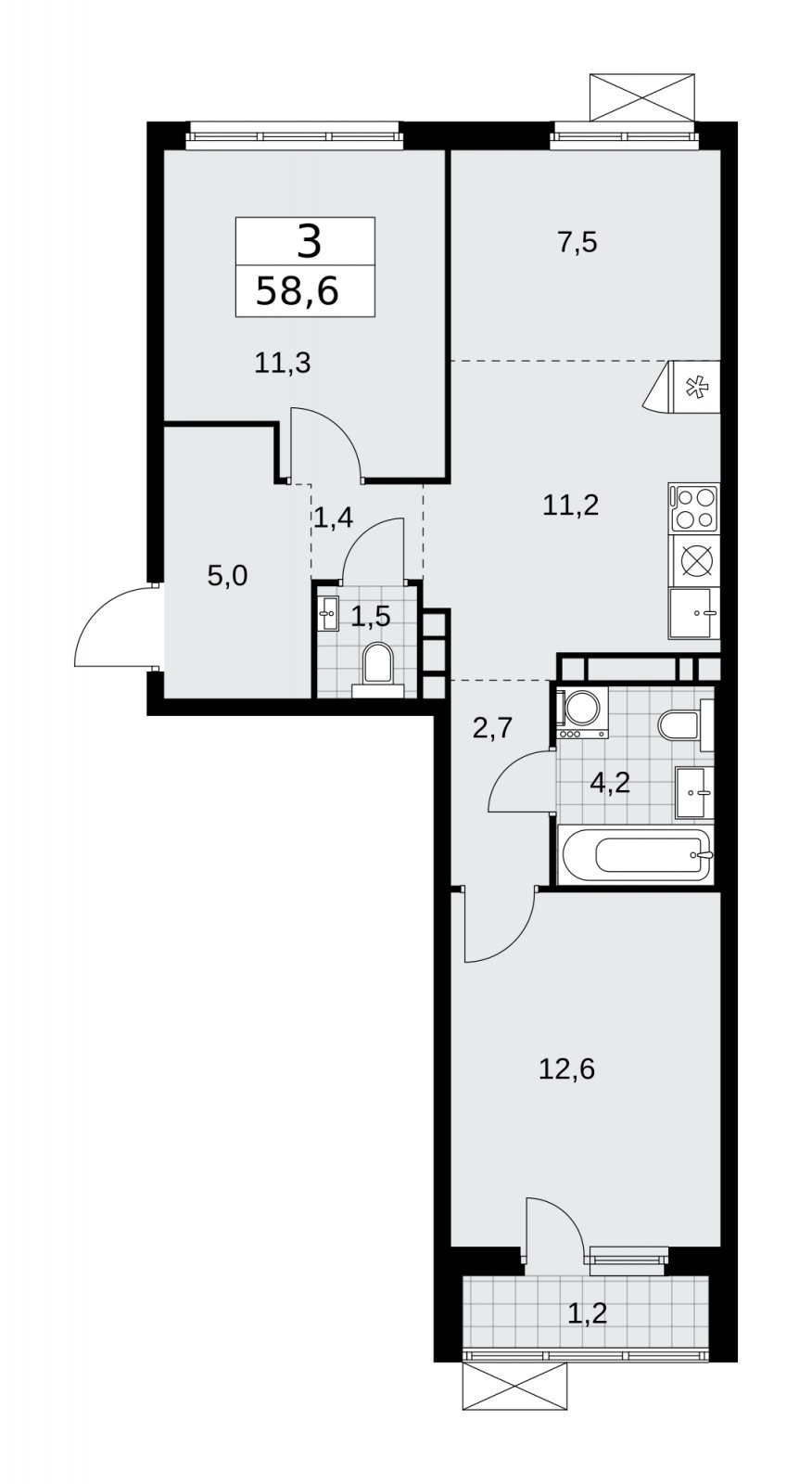 3-комнатная квартира (евро) без отделки, 58.6 м2, 11 этаж, сдача 4 квартал 2025 г., ЖК Прокшино, корпус 11.1.4 - объявление 2257497 - фото №1