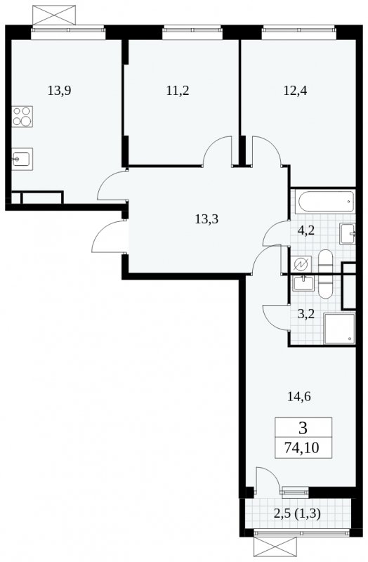 3-комнатная квартира без отделки, 74.1 м2, 16 этаж, сдача 1 квартал 2025 г., ЖК Прокшино, корпус 5.1.3 - объявление 1810853 - фото №1