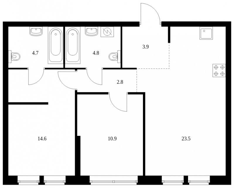 2-комнатная квартира с частичной отделкой, 65.2 м2, 15 этаж, сдача 4 квартал 2023 г., ЖК Кронштадтский 9, корпус 1.4 - объявление 1766973 - фото №1