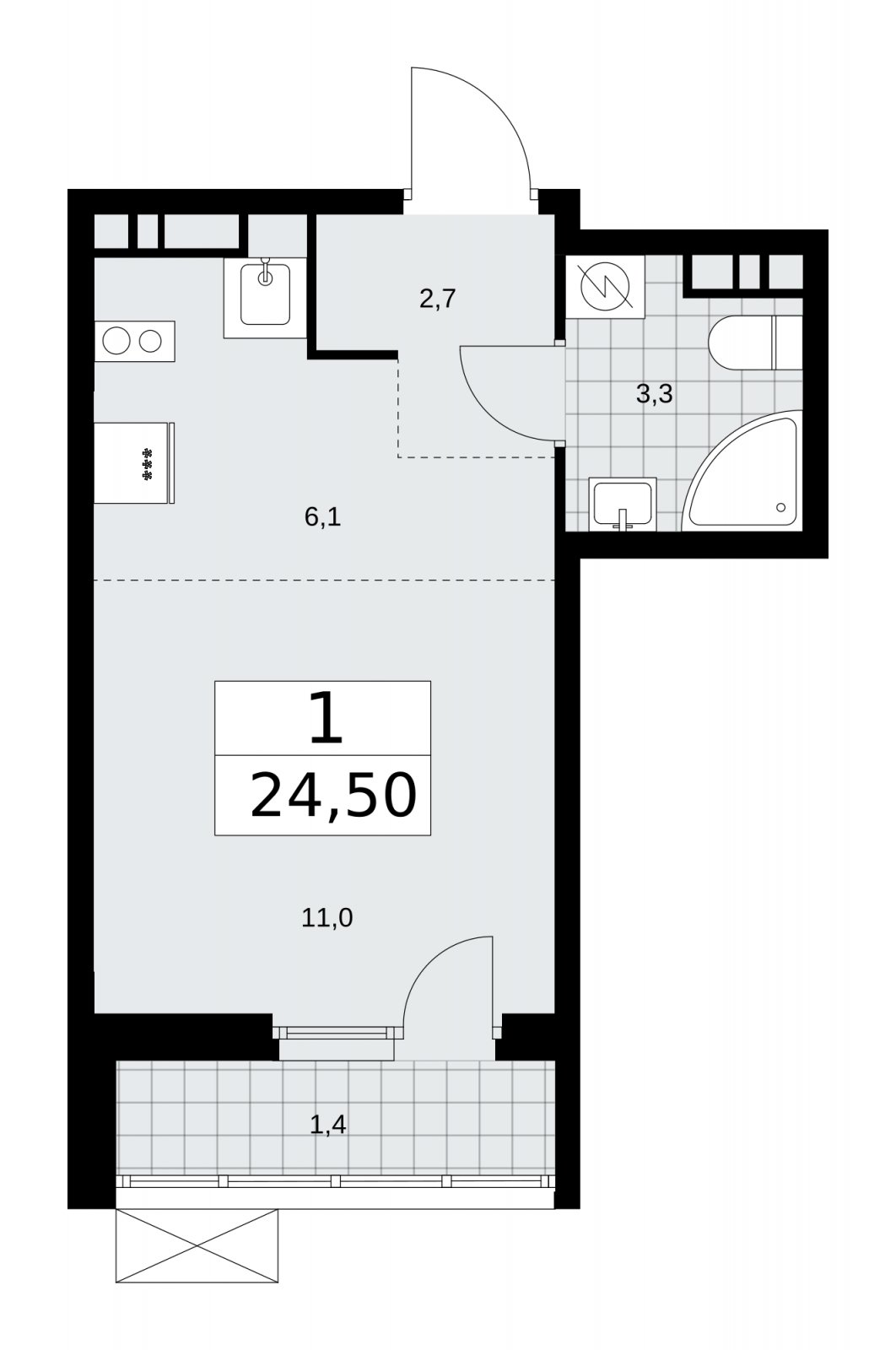 Студия с частичной отделкой, 24.5 м2, 8 этаж, сдача 4 квартал 2025 г., ЖК Бунинские кварталы, корпус 3.3 - объявление 2151985 - фото №1