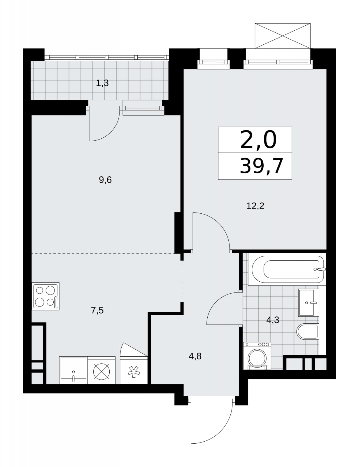 2-комнатная квартира (евро) с частичной отделкой, 39.7 м2, 12 этаж, сдача 2 квартал 2026 г., ЖК Прокшино, корпус 10.1.5 - объявление 2227883 - фото №1