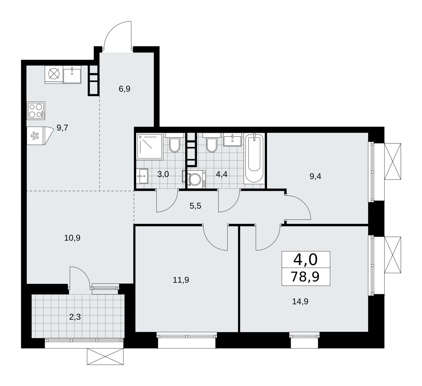 4-комнатная квартира (евро) с частичной отделкой, 78.9 м2, 14 этаж, сдача 1 квартал 2026 г., ЖК Бунинские кварталы, корпус 6.1 - объявление 2252469 - фото №1