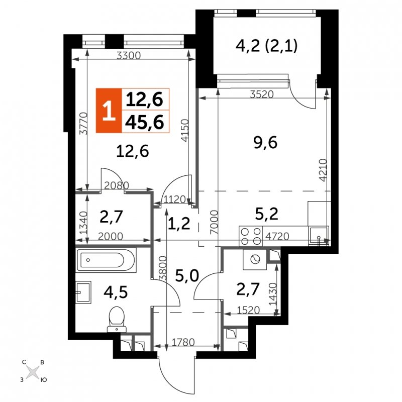 1-комнатная квартира с частичной отделкой, 45.6 м2, 3 этаж, сдача 4 квартал 2024 г., ЖК ROTTERDAM, корпус 2.3 - объявление 1891273 - фото №1