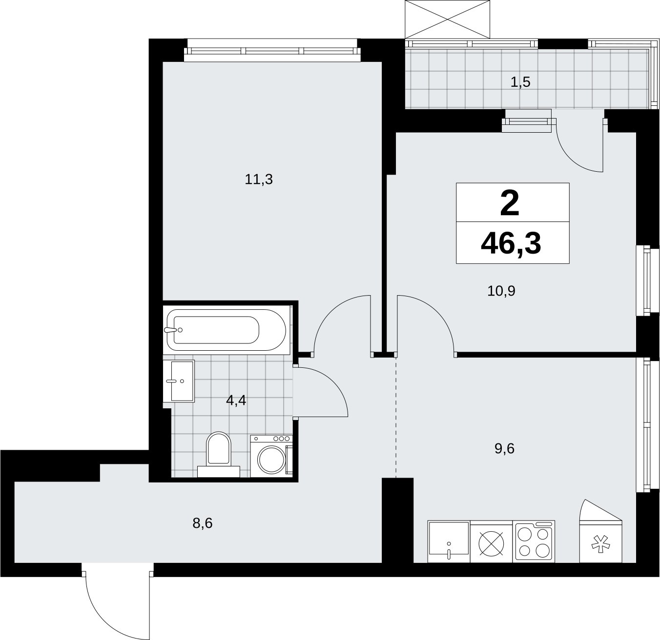 2-комнатная квартира без отделки, 46.3 м2, 11 этаж, сдача 1 квартал 2026 г., ЖК Дзен-кварталы, корпус 6.2.1 - объявление 2328614 - фото №1