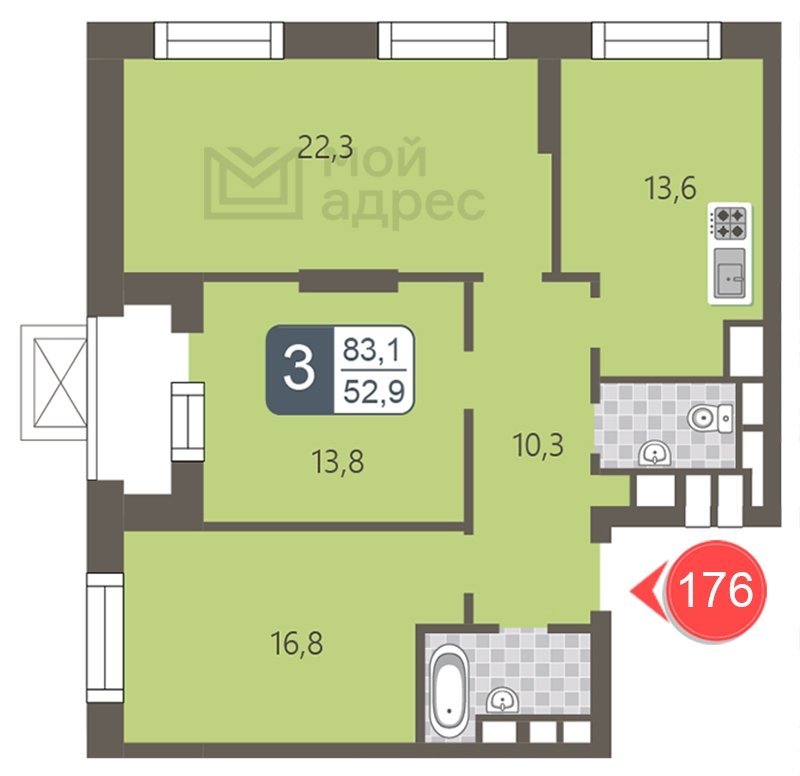 3-комнатная квартира с полной отделкой, 83.1 м2, 23 этаж, дом сдан, ЖК мой адрес На Береговом, корпус Южный квартал - объявление 1866973 - фото №1