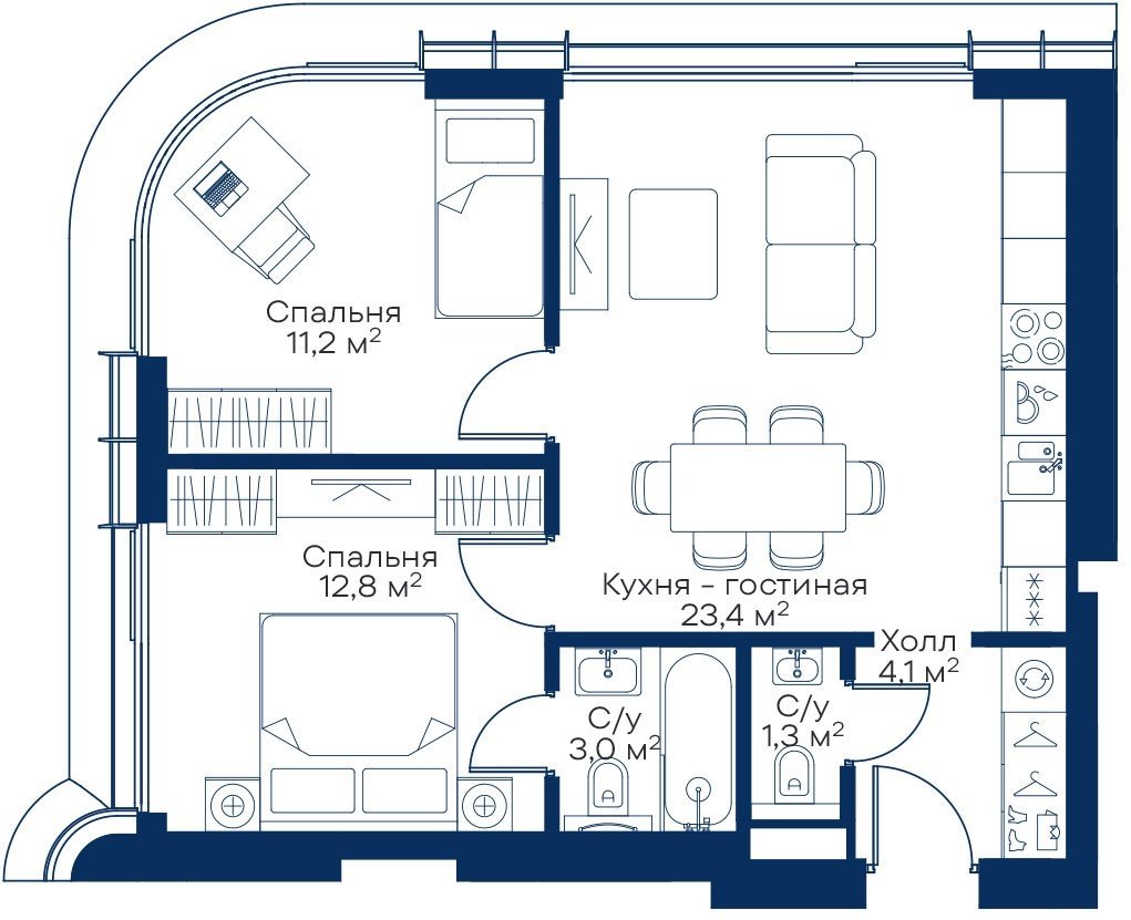2-комнатная квартира с частичной отделкой, 55.8 м2, 47 этаж, сдача 3 квартал 2025 г., ЖК City Bay, корпус Atlantic Ocean 3 - объявление 2280078 - фото №1
