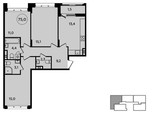 3-комнатная квартира без отделки, 75 м2, 3 этаж, сдача 4 квартал 2023 г., ЖК Скандинавия, корпус 23.6 - объявление 1515248 - фото №1