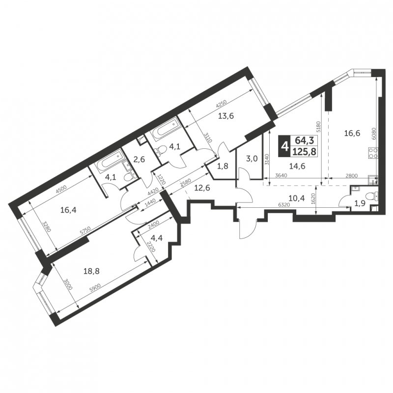 4-комнатная квартира с частичной отделкой, 125.8 м2, 33 этаж, сдача 4 квартал 2023 г., ЖК Архитектор, корпус 3 - объявление 1566118 - фото №1