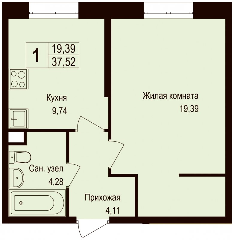 1-комнатная квартира без отделки, 37.52 м2, 1 этаж, дом сдан, ЖК Новая Щербинка, корпус 13 - объявление 1683337 - фото №1