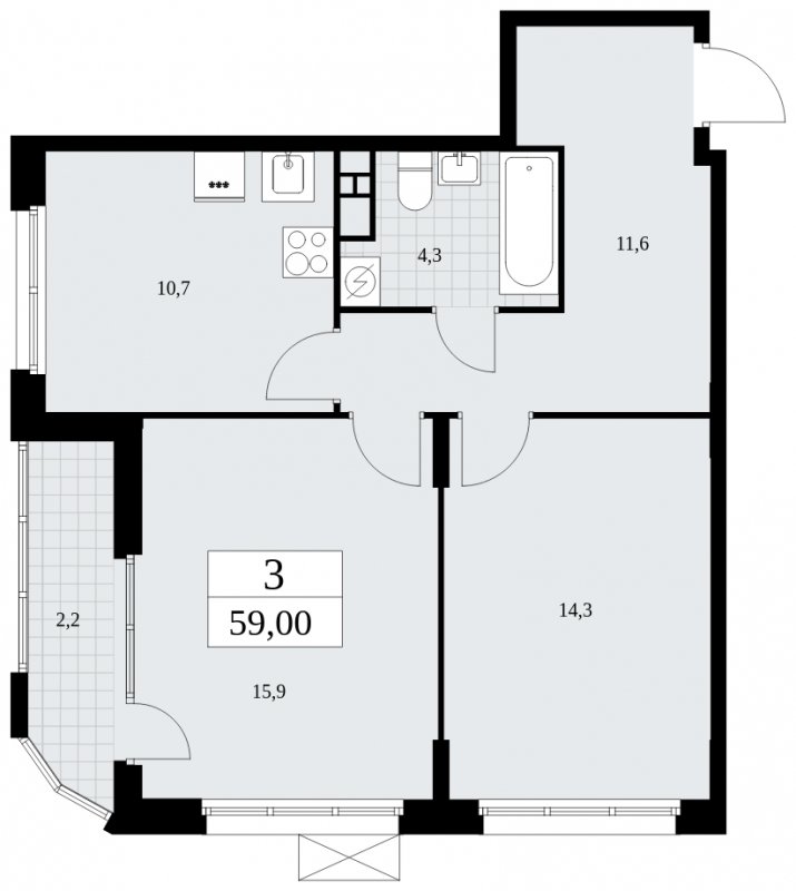 2-комнатная квартира с частичной отделкой, 59 м2, 11 этаж, сдача 4 квартал 2024 г., ЖК Бунинские кварталы, корпус 2.2 - объявление 1882422 - фото №1