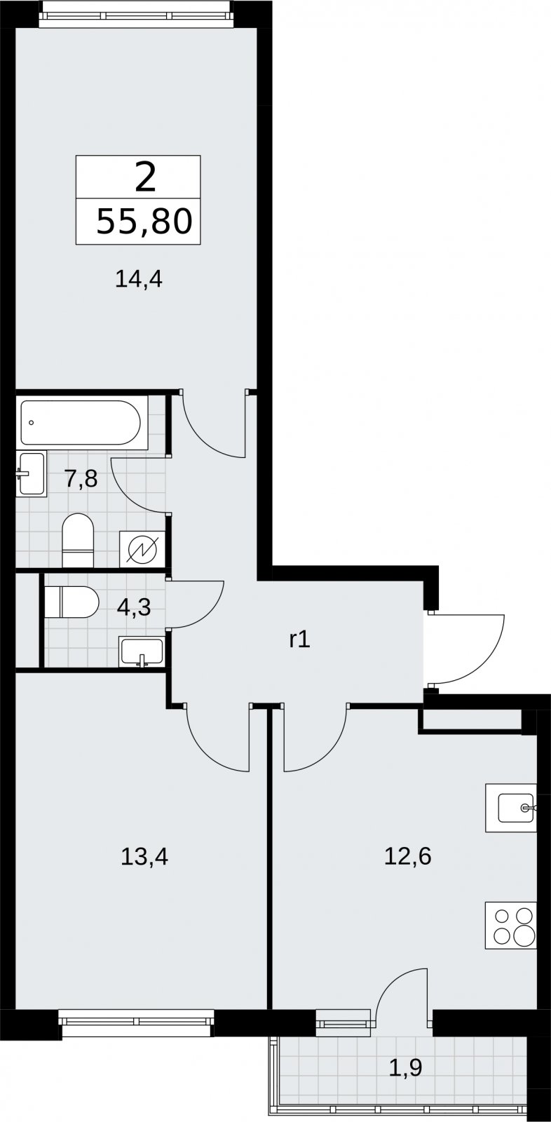 2-комнатная квартира с полной отделкой, 55.8 м2, 9 этаж, сдача 4 квартал 2026 г., ЖК Родные кварталы, корпус 1.2 - объявление 2318141 - фото №1