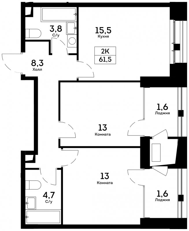 2-комнатная квартира 61.5 м2, 5 этаж, сдача 4 квартал 2022 г., ЖК Квартал на набережной NOW, корпус 2.1 - объявление 1753381 - фото №1