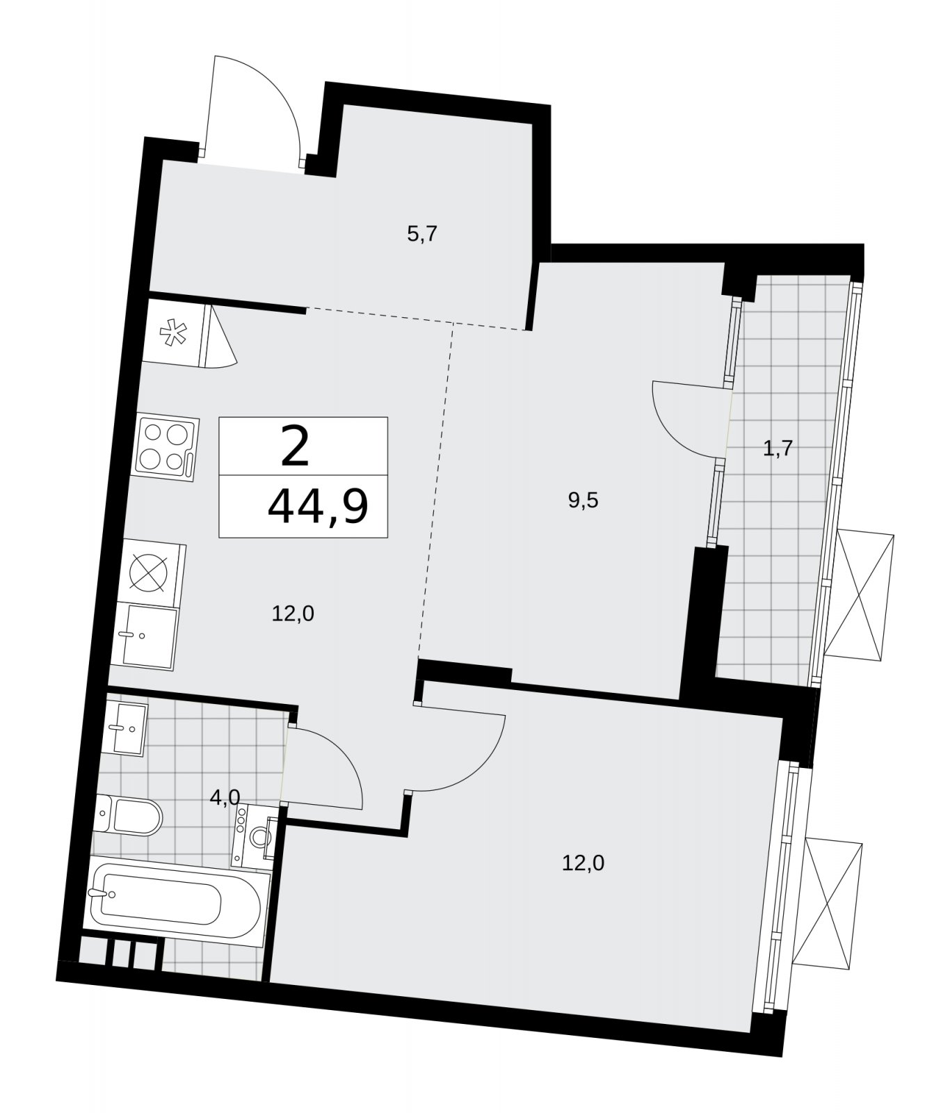 2-комнатная квартира (евро) без отделки, 44.9 м2, 6 этаж, сдача 1 квартал 2026 г., ЖК Деснаречье, корпус 4.1 - объявление 2263364 - фото №1