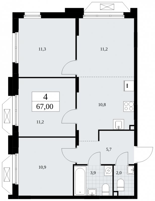 4-комнатная квартира (евро) без отделки, 67 м2, 2 этаж, сдача 4 квартал 2024 г., ЖК Бунинские кварталы, корпус 1.3 - объявление 1834745 - фото №1