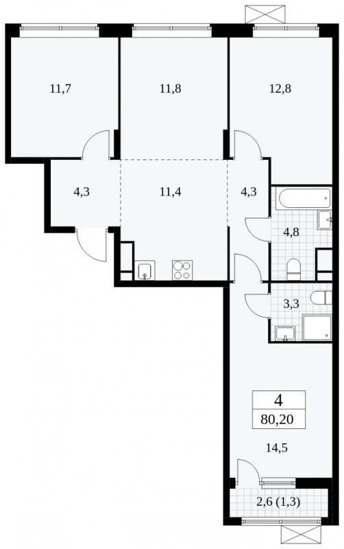 4-комнатная квартира (евро) без отделки, 80.2 м2, 11 этаж, сдача 1 квартал 2025 г., ЖК Прокшино, корпус 5.2.4 - объявление 1900691 - фото №1