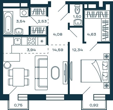 1-комнатная квартира без отделки, 47.65 м2, 11 этаж, сдача 2 квартал 2025 г., ЖК М_5, корпус 1 - объявление 2379011 - фото №1