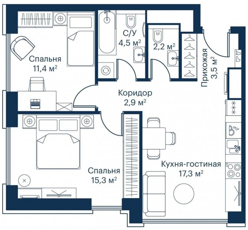 2-комнатная квартира с частичной отделкой, 57.41 м2, 18 этаж, сдача 2 квартал 2023 г., ЖК City Bay, корпус Indian Ocean 4 - объявление 1671457 - фото №1
