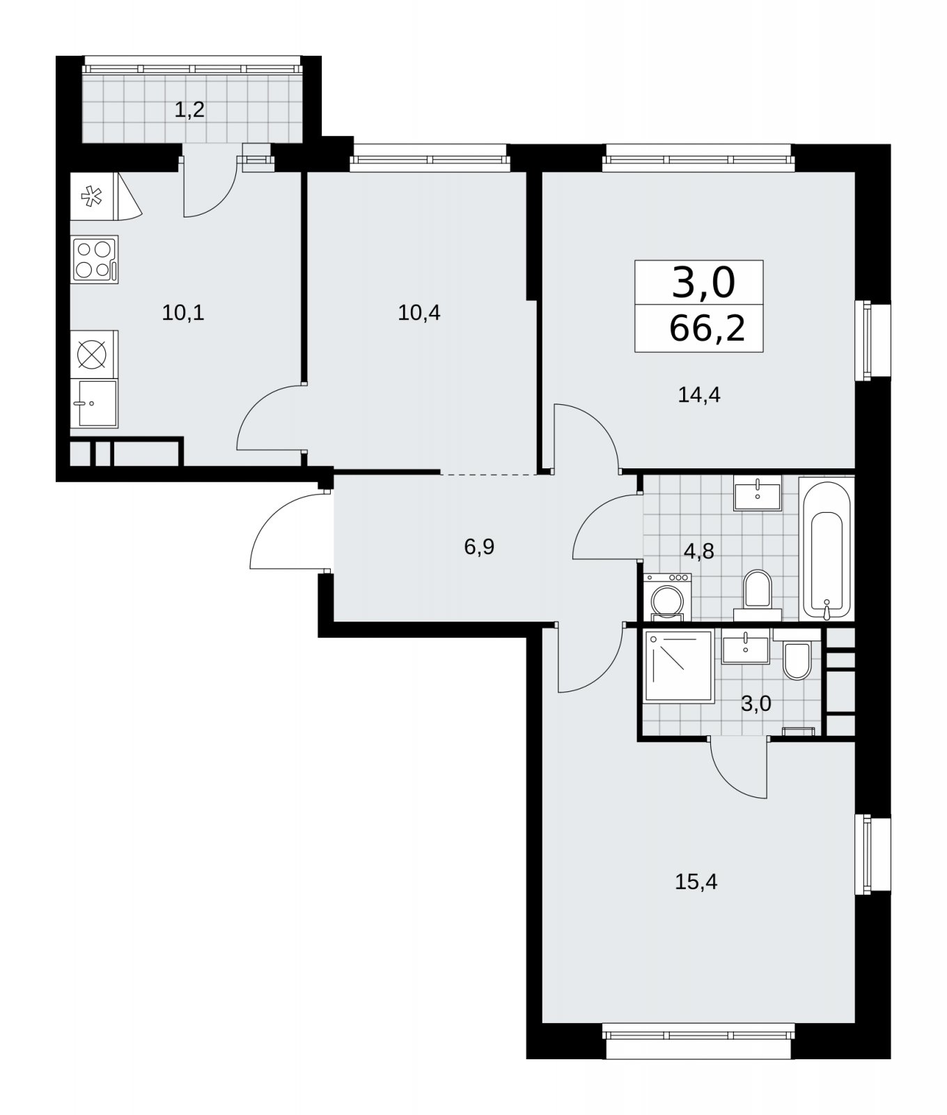 3-комнатная квартира с частичной отделкой, 66.2 м2, 14 этаж, сдача 2 квартал 2026 г., ЖК Дзен-кварталы, корпус 3.4 - объявление 2242219 - фото №1